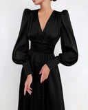 Chicmy-Glossy Retro Button Lantern Sleeve Satin Flowy Nye Midi Dress