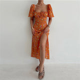 Chicmy-Summer Sun Dress Boho Off Shoulder Square Neck Short Sleeve Floral Print Bodycon Slit Vestidos Women Elegant Vacation Dresses