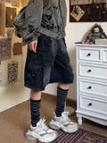 Chicmy-90s streetwear High street multi-pocket Harajuku washed black y2k denim shorts women 2000s summer aesthetic hip-hop popular niche cargo short