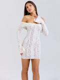 Chicmy Off-shoulder Lace Sexy Mini Dress For Women White Strapless Long Sleeve Backless Bodycon Club Party Sexy Dress Elegant-Christmas Outfit