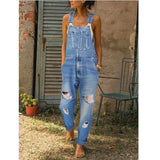 CHICMY- Casual Solid Ripped Slit Strap Sleeveless Regular Denim Jumpsuits with Front Pocket