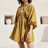 Chicmy-Sexy V-neck Puff Sleeve Solid A-Line Dress Women Fashion High Waist Loose Mini Dress Spring Summer Elegant Draped Party Dresses