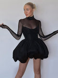 Chicmy Turtleneck Sheer Long Sleeve Sexy Mini Dress For Women Black See Through High Waist A-line Club Party Dress Elegant-Christmas Outfit