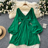 Chicmy-new fashion trend Beach Vacation Deep V-Neck Lantern Sleeve Casual Ruffle Bohemian Midi Dress