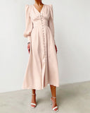 Chicmy-Glossy Retro Button Lantern Sleeve Satin Flowy Nye Midi Dress