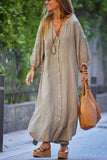 Chicmy-new fashion trend Solid Linen Blend Casual V Neck Balloon Sleeve Maxi Dress