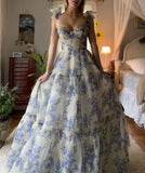 Chicmy-Hydrangea Provencal Blue Floral Maxi Tie Strap Fairy Dress