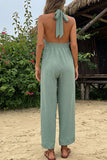 CHICMY- Casual Vacation Solid Frenulum Cross Straps Halter Straight Jumpsuits