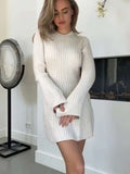 Chicmy-nye outfits Elegant Knitted Ribbed Sweater Mini Dress Women Autumn Winter Flare Sleeve O-neck Vestidos Party Club Ladies Pullover Dresses