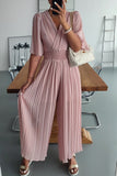 CHICMY- Casual Solid Fold V Neck Loose Jumpsuits