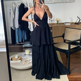 Chicmy-Banquet 2025 Suspenders Beach Hem Dress Women's Solid Cor High Waist Party Dress Elegant Lady Layered Ruffles -Neck Long Dress