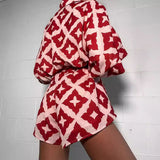 Chicmy-2025 Casual Red Printed Lapel Shirt Playsuit Sexy Hollow Button Loose Beach Romper Summer Women Fashion Lace Up Shorts Jumpsuit