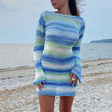 Chicmy-Ombre Fading Block Stripes Flare Long Sleeve Knitted Dress