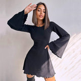 Chicmy-Sexy Dresses Nightclub Mini Short Party Dress Women Back Bandage O Neck A Line Flare Sleeves Autumn Vestidos Ladies Fall Robe