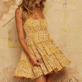 Chicmy-Mustard Yellow Floral Tie Shoulder Ruffle Dress With Frills at bottom