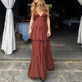 Chicmy-Banquet 2025 Suspenders Beach Hem Dress Women's Solid Cor High Waist Party Dress Elegant Lady Layered Ruffles -Neck Long Dress