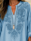 Chicmy- Women's Long Sleeve Embroidery Cotton And Linen V Neck Casual Top