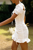 Chicmy-Frill White Cotton Eyelet Shirred Criss Cross Ruffle Hem Dress