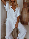 CHICMY- Women Casual Jumpsuit Lapel Mid-Sleeve Button Down Jumpsuit Cotton Wide Leg Pant Jumpsuit