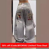 1980s fashion trends E-Commerce Y2g Gothic Style Jeans Men's American High Street Personalized Pattern Loose Straight Wide Leg Jeans