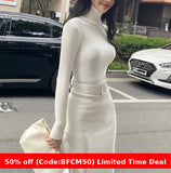 business casual outfits Turtleneck Knitted Dress Autumn and Winter Inner Slim-Fit Belt over-the-Knee Bottoming Sheath One-Step Skirt Casual Women's Clothing