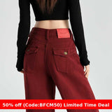 business casual outfits Maillard Angora Red Wide Leg Denim Pants High Waist Loose Slimming Straight Mop Pants Autumn