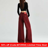 business casual outfits Maillard Angora Red Wide Leg Denim Pants High Waist Loose Slimming Straight Mop Pants Autumn