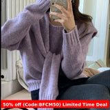 Chicmyshop business casual outfits Autumn and Winter Loose Korean Chic Retro Simple round Neck Women's Knitted Pullover Sweater + Shawl Two-Piece Set