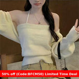 winter outfits men Autumn Lazy Style Long-Sleeved Sweater Halter Camisole Knitted Suit Korean Style Short Waistcoat