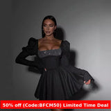 winter outfits men 24 Years Elegant Bubble Long Sleeve Square Collar Sequined Short Skirt Lace-up Waist Slimming Dress