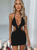 Chicmy Hollow Out Halter Sexy Mini Dress Women Summer New Sleeveless Backless Skinny Club Party Knit Tank Dress Vestido-Christmas Outfit