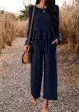 ChicMy-Fall Outfits - Women's Fall 2Piece Set Solid Ruffle Blouse Top and Wide Leg Long Pant