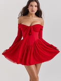 Chicmy Elegant Strapless Backless Sexy Mini Dress For Women Red Off-shoulder Long Flare Sleeve Pleated Club Party Dress 2024-Christmas Outfit