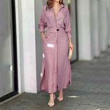 Chicmy-2025 Sexy Deep V Long Sleeved Pocket Shirt Dress New Spring Multi-color Loose Office Dress Female Casual Side Split Robe Dress