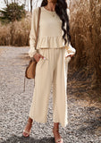 ChicMy-Fall Outfits - Women's Fall 2Piece Set Solid Ruffle Blouse Top and Wide Leg Long Pant