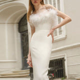 Chicmy-Couture White Feather Trim Cocktail Midi Strapless Dess With Feathers