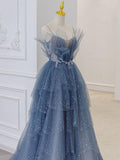 Chicmy-Cyber Monday Christmas party outfits Gray blue tulle sequin beads long prom dress, blue evening dress BD13