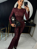 Chicmy Lace Print Long Sleeve Jumpsuits Women Overalls Fashion Autumn Winter New Two Layer O Neck Slim Fit Sexy Jumpsuits-Christmas Outfit