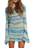 Chicmy-Ombre Fading Block Stripes Flare Long Sleeve Knitted Dress