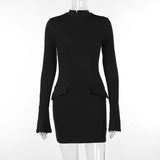 Chicmy Dark Blue Two Pocket Sexy Mini Dress For Women 2023 Autumn Winter New Long Sleeve Bodycon Club Party Dress Elegant-Christmas Outfit