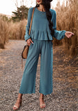 CHICMY- Women's Fall 2Piece Set Solid Ruffle Blouse Top and Wide Leg Long Pant