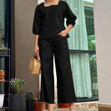 CHICMY- Women's 2Piece Set Casual Solid Color U-Neck Blouse and Wide Leg Pants