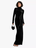 Chicmy Velvet Long Sleeve Sexy Maxi Dress For Women Autumn Winter New Turtleneck Draped Ruched Bodycon Sexy Long Dress-Christmas Outfit