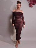 Chicmy Off-shoulder Long Sleeve Sexy Maxi Dress For Women Autumn New Strapless Backless Bodycon Ruched Party Long Dress-Christmas Outfit