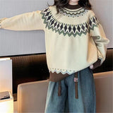 Chicmy-Winter Outfits Women's 2024 Casual Sweater Ethnic Style Colorful Striped Patchwork Pullover Sweater