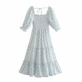 Chicmy-Ditsy Micro Floral Smocked Bodice Ruffle Midi Dress Puff Sleeve