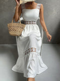 Chicmy-Boho Casual Cotton Eyelet Hollow Thick Strap Lace Midi Dress