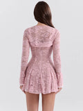 Chicmy Lace Flare Long Sleeve Sexy Mini Dress For Women Robe Autumn New Pink O Neck A-line High Waist Pleated Dress Elegant-Christmas Outfit