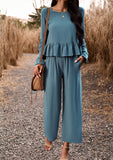 ChicMy-Fall Outfits - Women's Fall 2Piece Set Solid Ruffle Blouse Top and Wide Leg Long Pant