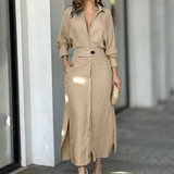 Chicmy-2025 Sexy Deep V Long Sleeved Pocket Shirt Dress New Spring Multi-color Loose Office Dress Female Casual Side Split Robe Dress